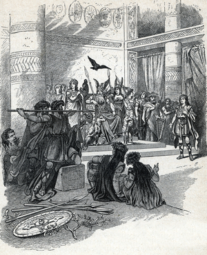 Nordic mythology: Baldr's murder kills by his brother Hod (Hodr, Hoder or Hodur) who throws a stick of mistletoe at him because of Loki (Norse mythology: Loki tricks Hodr into shooting Baldr) Engraving from “Nordisch-Germanische Gotter und Helden” by Wilhelm wagner 1901