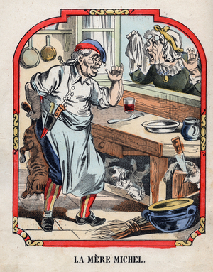 The mother Michel seeking her cat, 19th century (Epinal print)