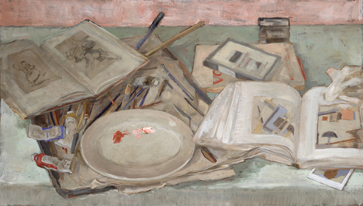 Palette and Books (oil on panel)