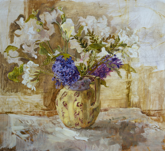 Two Hyacinths in a Yellow Jug (oil on panel)