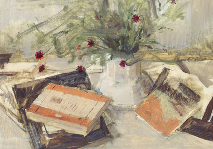 Scabious and Sketchy Books (oil on panel)