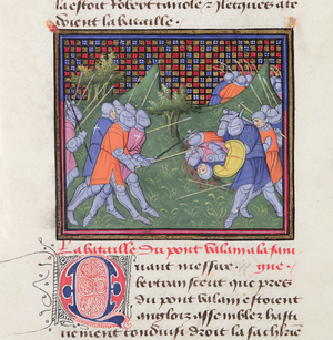Ms 490/465 Fol.46v A battle between French and English soldiers, from the Story of Ogier the Dane (vellum)