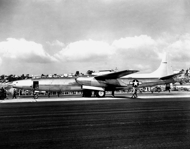 WWII:San Diego, California April 2, 1947: On Lindberg Field, the experimental bomber Consolidated Vultee XB 46 is planning to fly its first flight to the Muroc Army Airfield (now Edwards Base). The XB 46 series construction was abandoned in August as the aircraft was technically outdated.