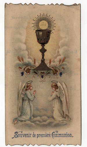 Pious image: two angels pray before a chalice from where a host comes out with the JHS christogram - Image given for a first communion in 1925
