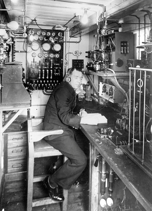 Local for wireless telegraphy on board the Royal British Scientific Research Ship “” Discovery”, 1920s - The wireless room aboard the British research ship “” Discovery”, 1920s