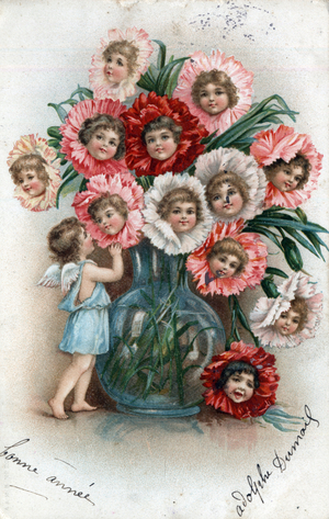Happy New Year Greeting Card: Bouquet of flowers with children's heads in a vase - Postcard dated 1905