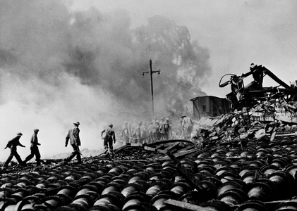 WWII:Bari (Italy) April 9, 1945: After the explosion of the American liberty ship Henderson loaded with bombs, firefighters try to control the fire