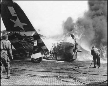 Second World War (1939-1945): Near Sainte-Mere-Eglise (Sainte Mere Eglise) (Manche) France 21 June 1944. A P-47 (P47) Republic Thunderbolt of the 9th USAF flames at the La Londe field airfield after crashing there. This aerodrome was used until July 26, 1944. Photography