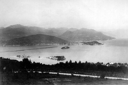 Northern Italy around 1927: View of Lake Maggiore (Lago Maggiore or Verbano) with (in the center) Isola Bella Island, property of the Borromee family. On the left, the Isle of Pecheurs and in the background Ile-Mere