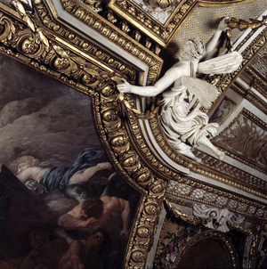 View of the ceiling of the Galerie d'Apollon at the Musee du Louvre in Paris.