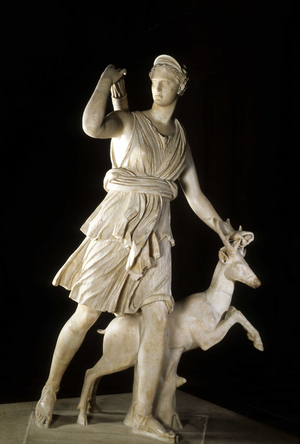 Artemis de Versailles, “” Diane huntress”” accompanied by a doe. Sculpture of the 2nd half of the 4th century BC Hellenistic period.