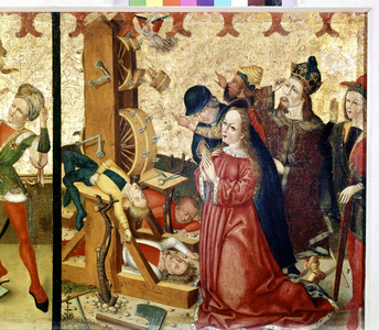 Saint Catherine of Alexandria before the torment of the two wheels (2nd century). Anonymous painting. Detail. Early 16th century. Unterlinden Museum, Colmar.
