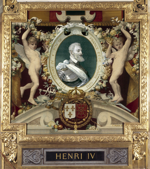 Portrait of Henry IV King of France. Goblin tapestry panel adorning the Gallery of Apollo. Realised by A. de Brancas around 1858-1860. Musee du Louvre Paris.