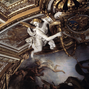 View of the ceiling of the Galerie d'Apollon at the Musee du Louvre in Paris.