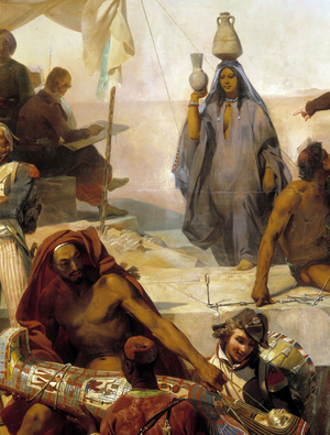 Expedition from Egypt under the orders of Bonaparte, detail. Painting by Leon Cogniet (1794-1880), 1821. Ceiling of the Campana room, Musee du Louvre. Dominique Vivant, Baron Denon (Vivant-Denon) (1747-1825), under a tent. In the foreground, the discovery of a sarcophagus. Campaign (Expedition) of Egypt (1798-1801)