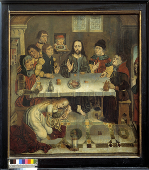Jesus at the house of Martha and Mary: Mary Magdalene at Simon anointing Christ with a perfume. Simon's Meal, anonymous painting, late 15th century. Church of St. Leonard de Leau.