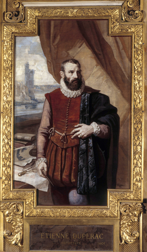 Portrait of Etienne Duperac (1583-1588) French architect. Goblin tapestry panel adorning the Gallery of Apollo. Directed by A. de Brancas around 1858-1860.Musee du Louvre Paris.