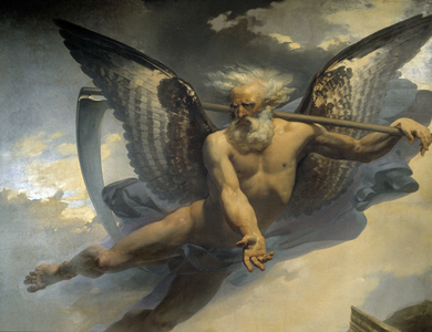 Allegory of time, detail of “” The discovery of the Venus de Milo “”. Time showing the ruins he brings. Painting by Jean-Baptiste Mauzaisse (1784-1844). Ceiling of the Tresor Hall of Boscoreale at the Musee du Louvre in Paris