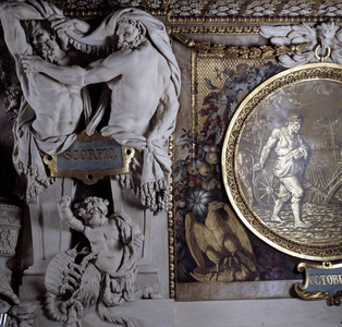 The sign of the scorpion (1663 - 1665) by Gaspard Marsy (1625 - 1681) after a drawing by Charles Lebrun (Le Brun) (1619-1690). The month of October (Detail) (1667 - 1677), medallion by Jacques Gervaise (1622 - 1670). Ceiling of the Galerie d'Apollon at the Musee du Louvre in Paris.
