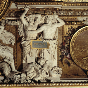 The sign of the bull. Sculpture after a drawing by Charles Lebrun (Le Brun) (1619-1690). Ceiling of the Galerie d'Apollon at the Musee du Louvre in Paris.