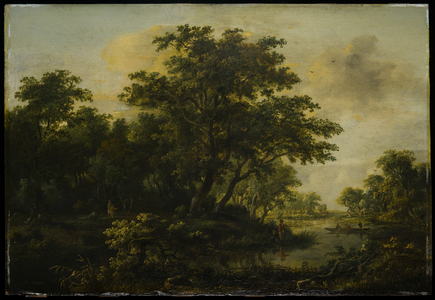 A Wooded River Valley with Two Fishermen, c.1659-1709 (oil on panel)