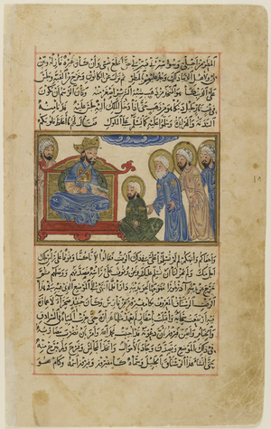 Or Ms 161 fol.104v Peroz Interrogates the Temple Officials, from 'The Chronology of Ancient Nations' by Al-Biruni, 1307 (gouache on paper)