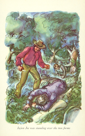 'Injun Joe was standing over the two forms', illustration from 'The Adventures of Tom Sawyer' by Mark Twain (1835-1910) (colour litho)