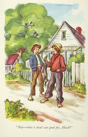 'Say - what is dead cats good for, Huck?' illustration from 'The Adventures of Tom Sawyer' by Mark Twain (1835-1910) (colour litho)
