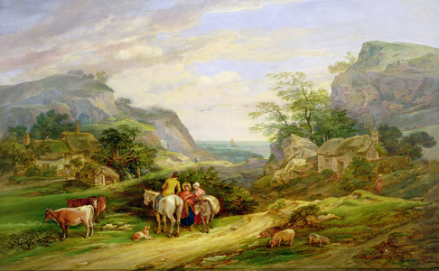 Landscape with figures and cattle (oil on canvas)