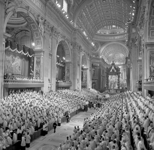 Pope John XXIII in St. Peter's Basilica at the opening of the Second Vatican Council, Vatican City, 1962 (b/w photo)