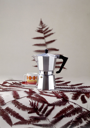 Still life of an Italian Moka coffee maker, 1960s (photo)