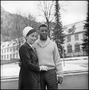 Pelé and his wife Rosemeri dos Reis Cholbi during their honeymoon, Wies-Steingaden, Germany, 1966 (b/w photo)