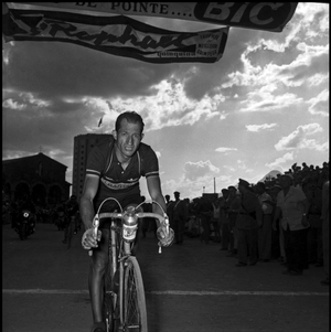 Gino Bartali at the finish line at the 39th Tour de France, Sestriere, 1952 (b/w photo)
