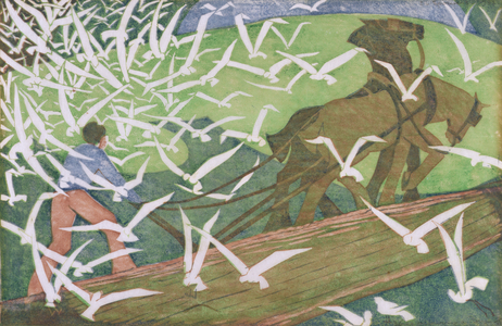 Birds Following a Plough, 1933 (linocut)