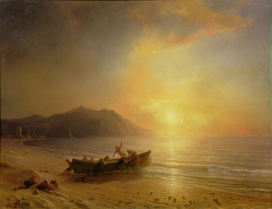 A Coastal Landscape with Arab Fishermen Launching a boat at Sunset