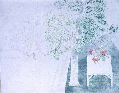 Vase of Poppies under a Tree (w/c)