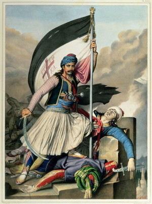 Voyage to Athens and Constantinople: Nickolaki Mitropolos taking the standard of the Cross at Salona on Easter Day in 1821, 1825 (litho)