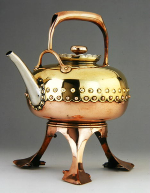 Kettle on stand, manufactured by Benham & Froud, c.1882 (brass, copper & soft steel with tin lining and brass & copper rivets)
