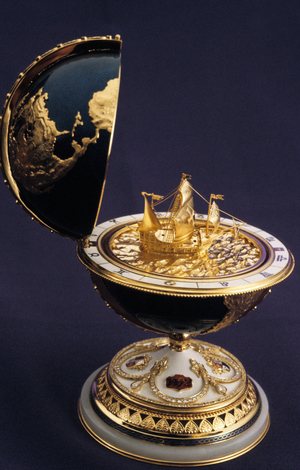 Faberge egg in the shape of a globe with a model of a ship inside (columbus'?)