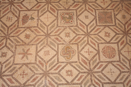 Floor decorated with a polychrome geometric pattern (detail) - Paphos mosaics, House of Dionysos - End of the 2nd Century AD - Cyprus - Floor decoration of geometric panels with symmetric motifs (detail) - Mosaics of Paphos, House of Dionysos - End of the 2nd century AD - UNESCO Site, Cyprus