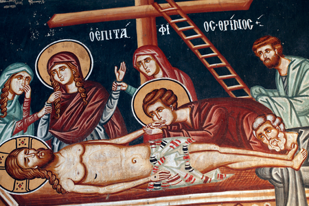 Byzantine fresco from the 15th century The descent from the cross Wall painting Michael Archangel Church in Pedoulas Cyprus Painted churches UNESCO site Troodos, Cyprus