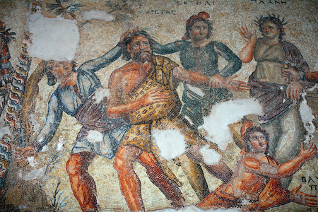 Marsyas and the two Scythians executing Apollo's verdict and leading him towards a tree where he will be flayed alive - Detail of the final moment of the musical contest between Marsyas and Apollo, god of the arts - Paphos Mosaics, House of Aion, 3rd Century AD - Cyprus - Marsyas and the two Scythians winning for the Vivid Scarcher - Detail of Chatiment by Marsyas for having defied Apollo to the flute - Mosaics of Paphos, Aion House - 3rd Century after JC - UNSECO Site - Cyprus