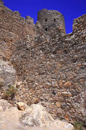 St Hilarion medieval Castle Tower and Wall with crenels at the main entrance Byzantine period, 10th century Region of Kyrenia (Girne), North of Cyprus