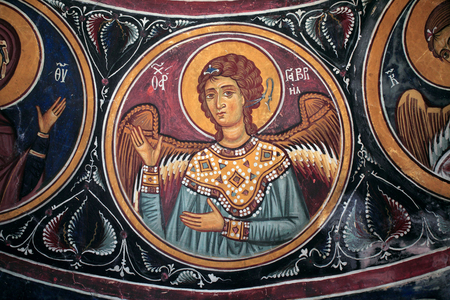 Gabriel Archangel Medallion around Christ and the Last Judgement Detail of the Byzantine fresco from the Narthex vault of the church of Asinou Last judgement scene 14th century (1332) UNESCO, world cultural heritage site Troodos region, Cyprus