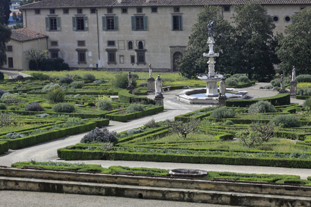 Giardino di Castello, Villa di Caslello. Italian Garden from the Renaissance. Firenze, Tuscany, Italy - Renaissance style garden, 1540, work by Niccolo Tribolo or Niccolo di Raffaello di Niccolo dei Pericoli, known as Il Tribolo or Maitre a la Chausse Trappe (circa 1500-1550). Ancient statue, hedges trimmed, garden structure. Giardino di Castello, Villa Medicea di Castello. Florence, Tuscany, Italy.