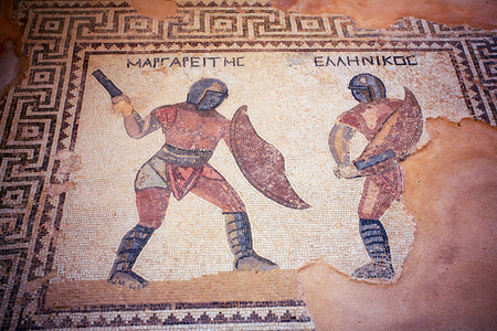 Mosaic representing a gladiadors fight House of the gladiators Kourion (Curium), Greco-Roman and Christian archological site Cyprus