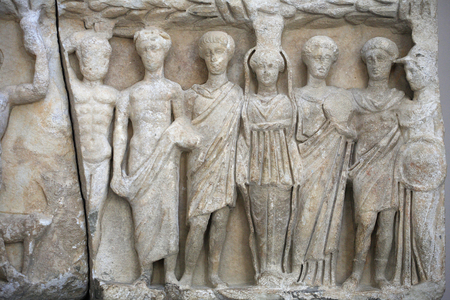 Frieze of the temple of Hadrian in Ephese/Detail representing from left to right: Hercules (Heracles), Bacchus (Dionysus, Bacco) or the father of Emperor Theodosis (Theodosis the Elder), Hecate or Ephesian Artemis, Aphrodite or Cybele or the wife of Emperor Throdose, Mars (Ares), Musee (Ares), Musee (Athena)/about Secucke near Ephese/Turkey