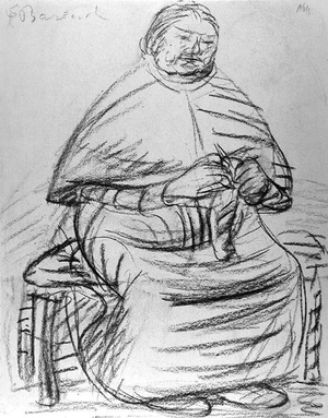 Old woman knitting (charcoal on paper) (b/w photo)