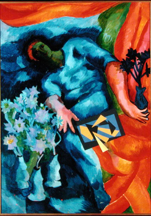 Blue Man with Flowers, 1986 (oil on board)