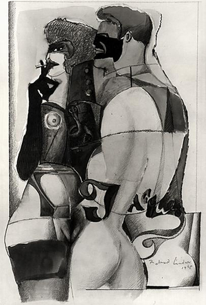 Man, Woman with Cigarette (gouache on paper) (b/w photo)